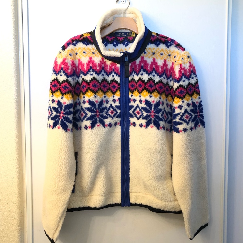 Polo Ralph Lauren Women’s Cream Fair Isle Sherpa zip up Fleece Jacket